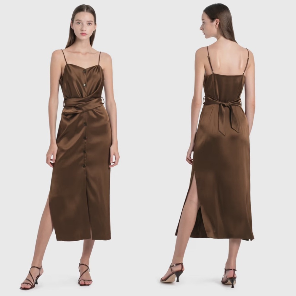 Nanushka Sayan Draped Slip Satin Midi Dress Brown Spaghetti Button Front Luxury